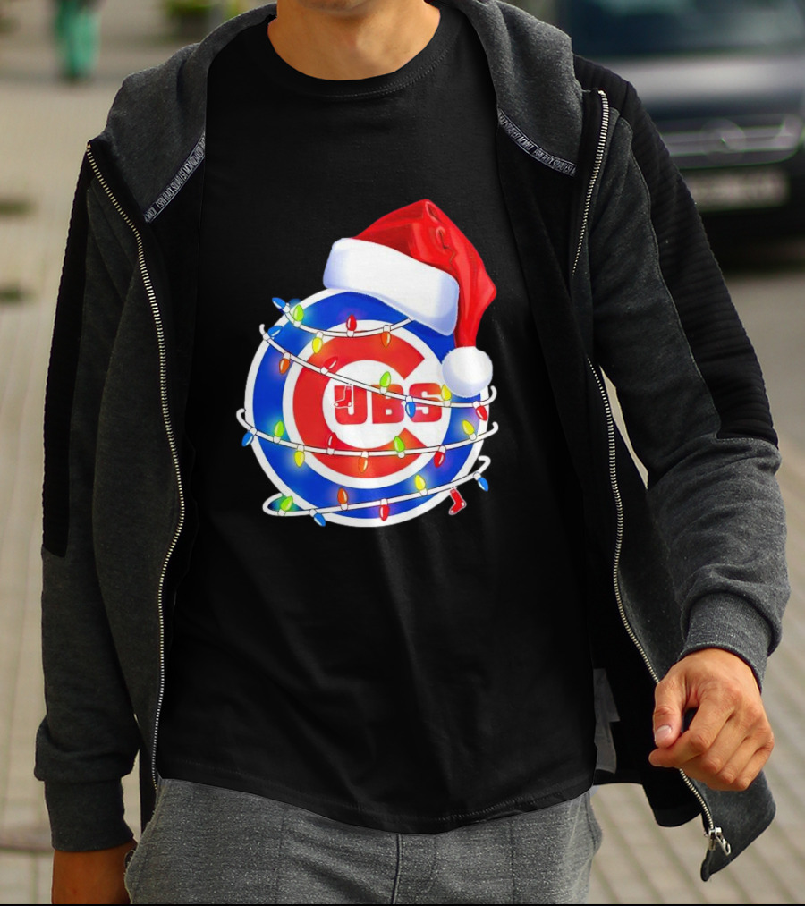 Chicago Cubs Festive Christmas Lights With Santa Hat T-Shirt