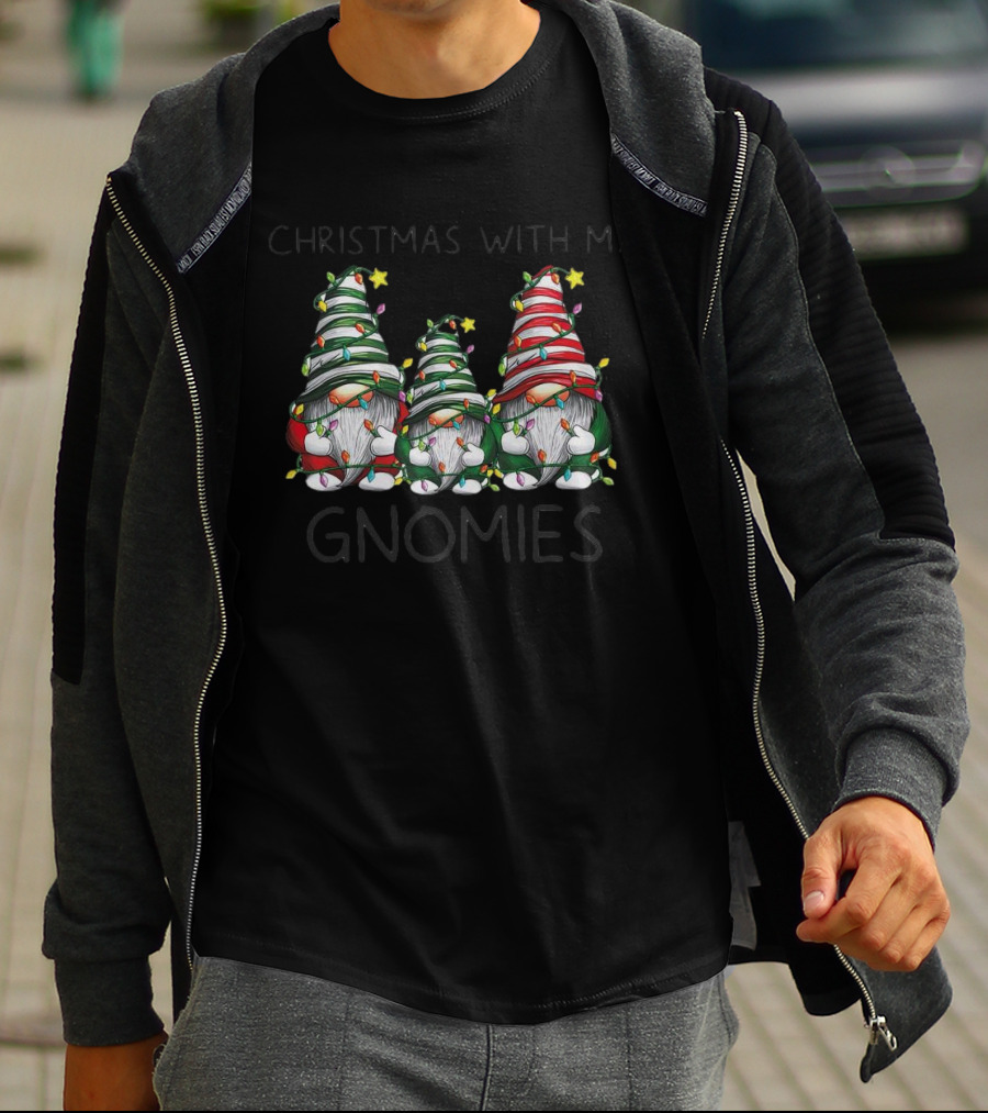 Christmas With My Gnomies Festive Holiday Lights Gnome Trio T-Shirt