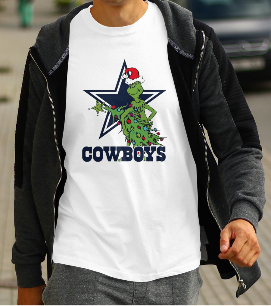 Dallas Cowboys Grinch In Santa Hat With Christmas Tree And Star T-Shirt