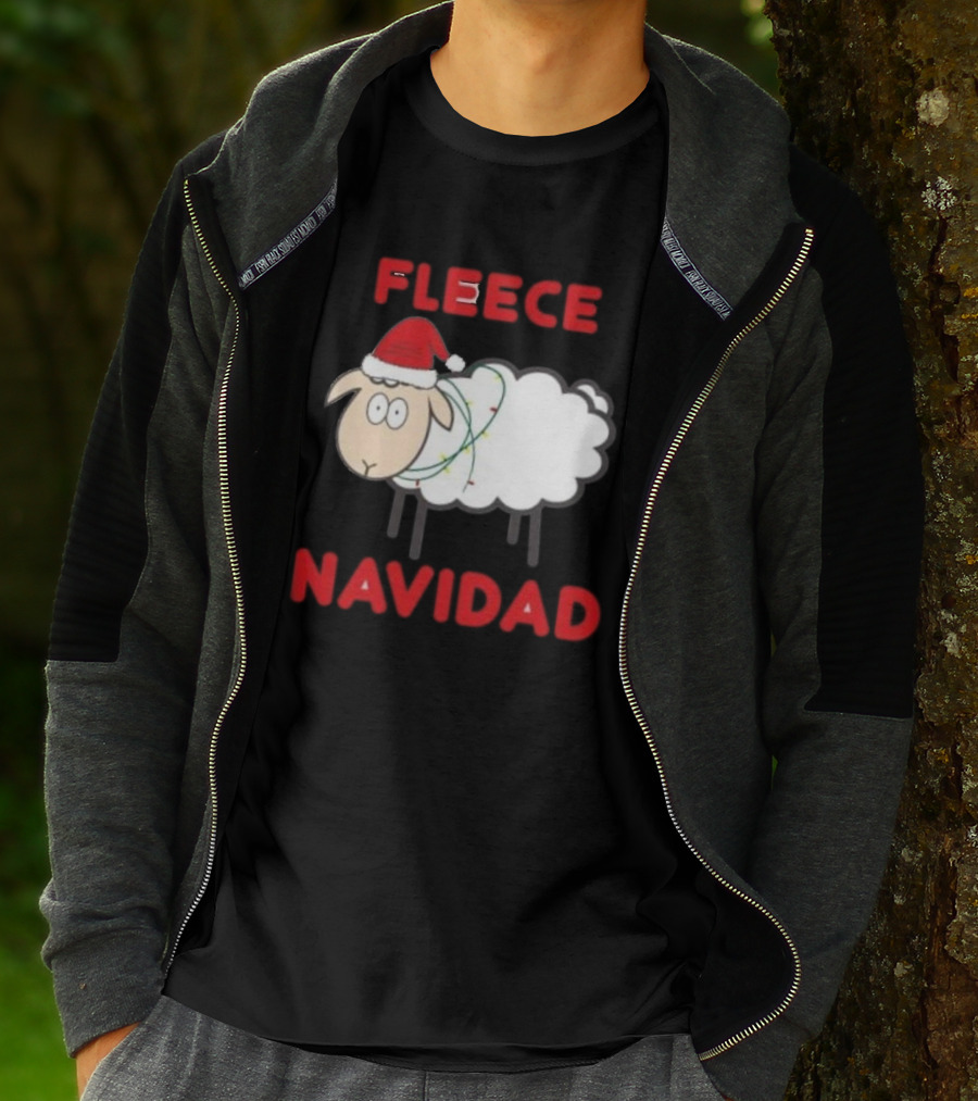 Fleece Navidad Christmas Sheep With Santa Hat And Festive Lights T-Shirt