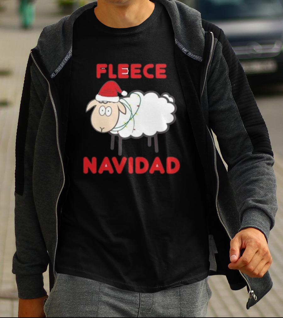Fleece Navidad Christmas Sheep With Santa Hat And Festive Lights T-Shirt