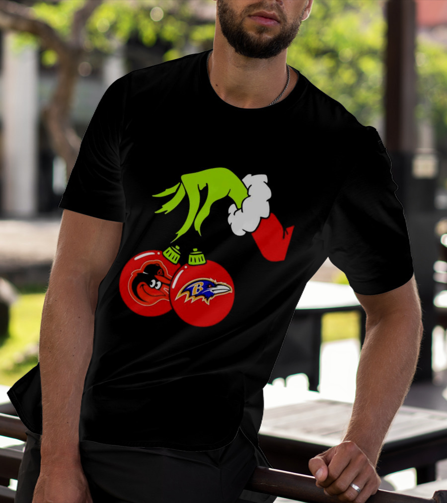 Grinch Hand Holding Baltimore Ravens And Orioles Christmas Ornaments T-Shirt