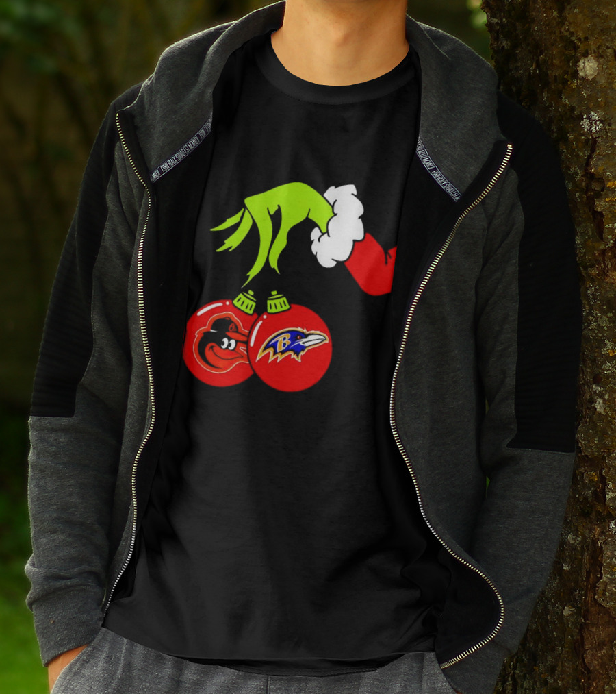 Grinch Hand Holding Baltimore Ravens And Orioles Christmas Ornaments T-Shirt