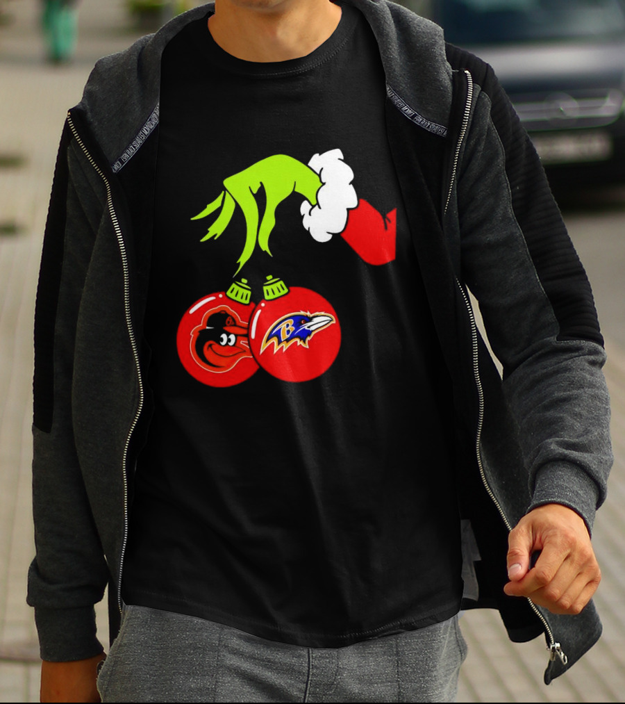 Grinch Hand Holding Baltimore Ravens And Orioles Christmas Ornaments T-Shirt