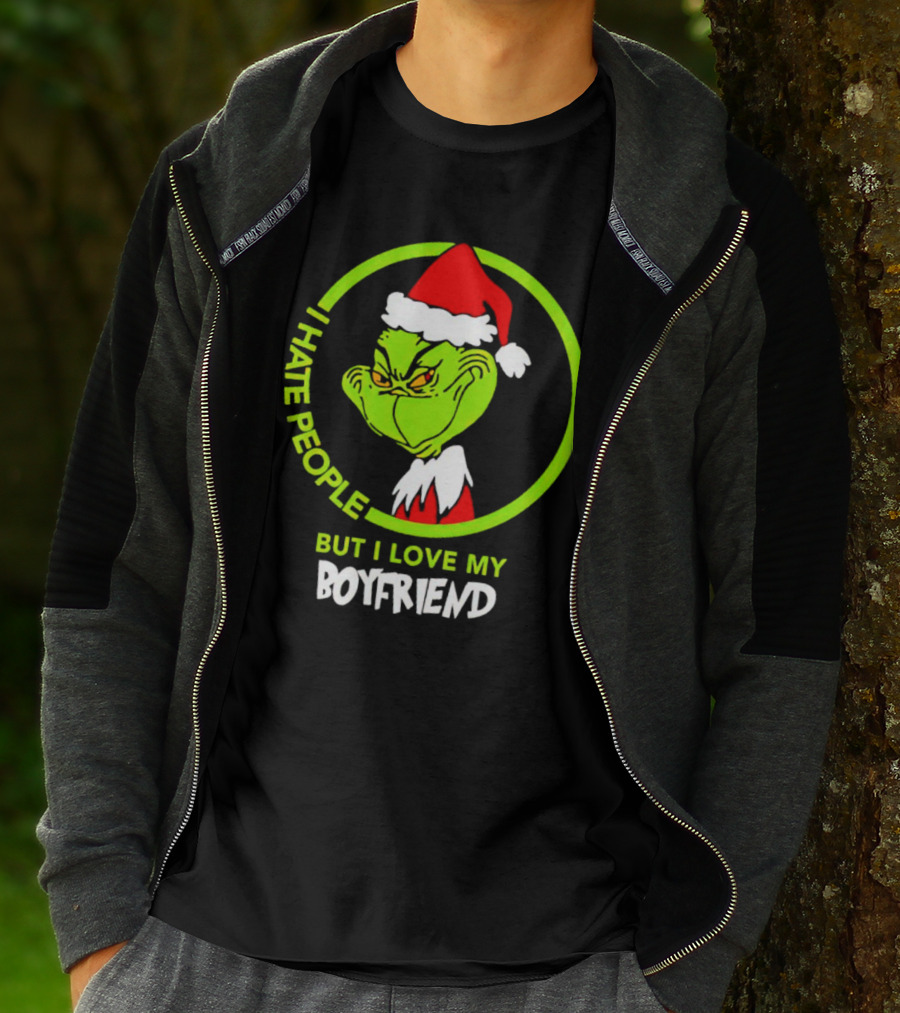Grinch I Hate People But I Love My Boyfriend Christmas Santa Hat T-Shirt