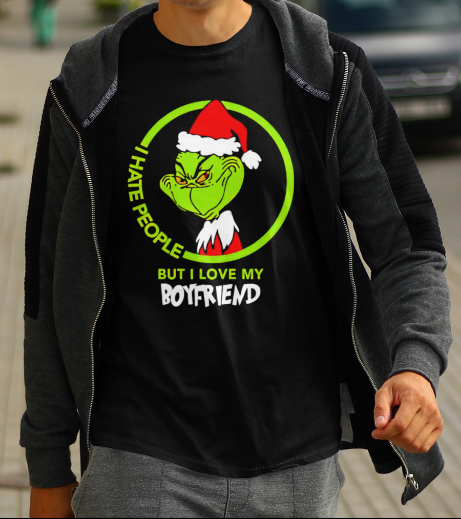 Grinch I Hate People But I Love My Boyfriend Christmas Santa Hat T-Shirt