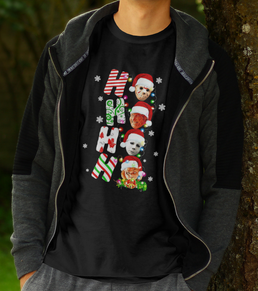 Ho Ho Ho Horror Movies Characters Christmas Snowflakes Santa Hats T-Shirt