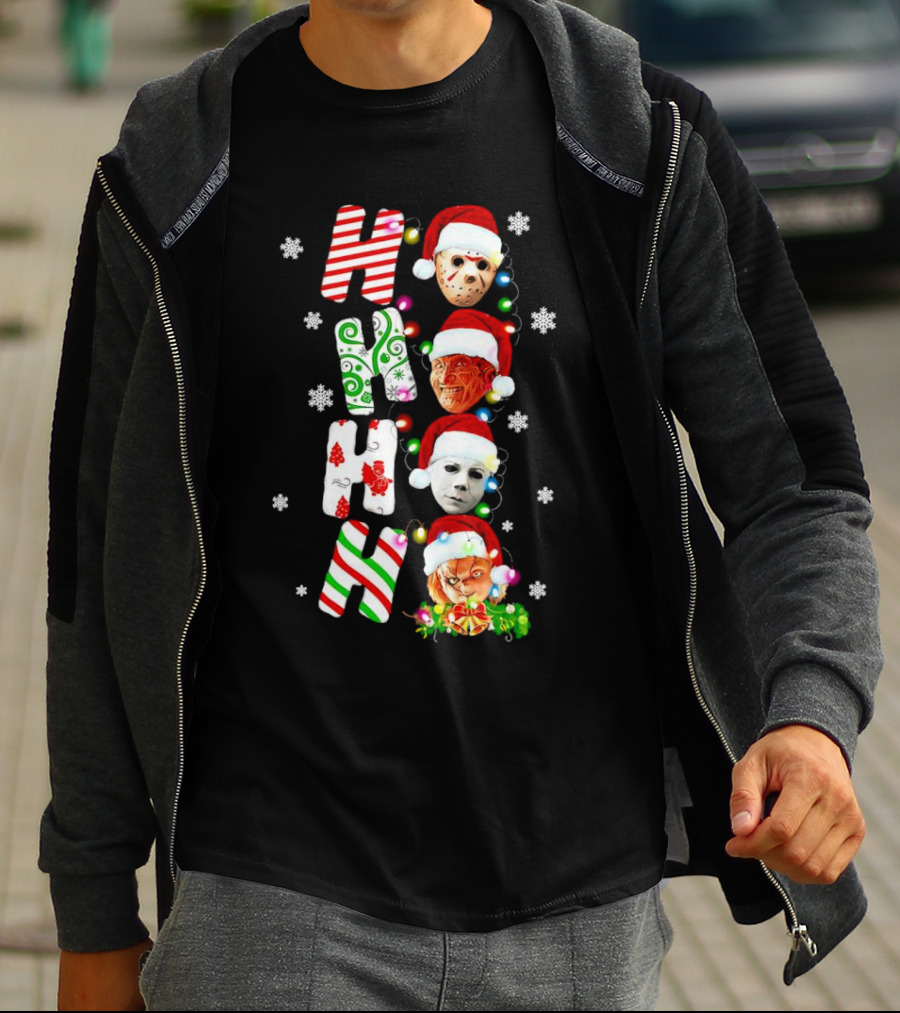 Ho Ho Ho Horror Movies Characters Christmas Snowflakes Santa Hats T-Shirt