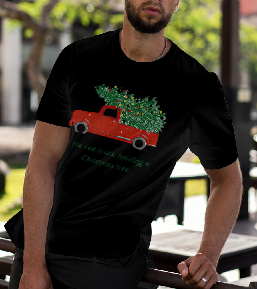 Little Red Truck Hauling Christmas Tree Festive Vintage Holiday Scene T-Shirt