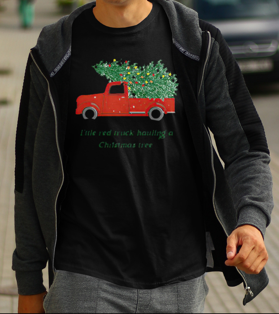 Little Red Truck Hauling Christmas Tree Festive Vintage Holiday Scene T-Shirt