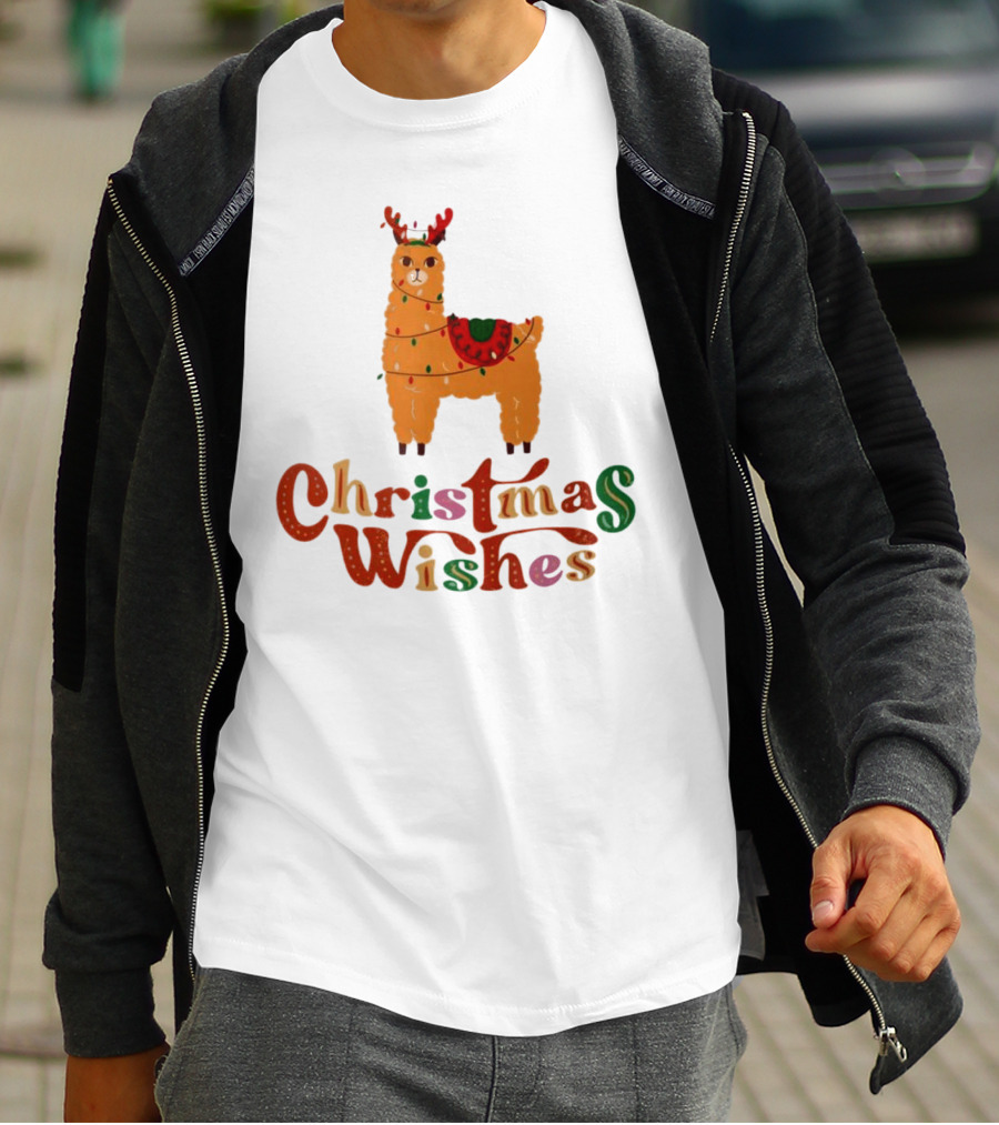 Christmas Wishes Llama Reindeer With Lights T-Shirt