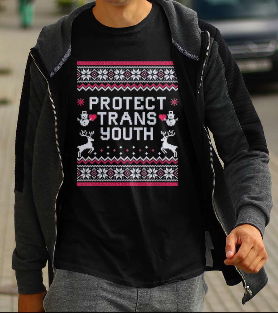 PROTECT TRANS YOUTH Snowflakes Reindeer Hearts Snowmen T-Shirt