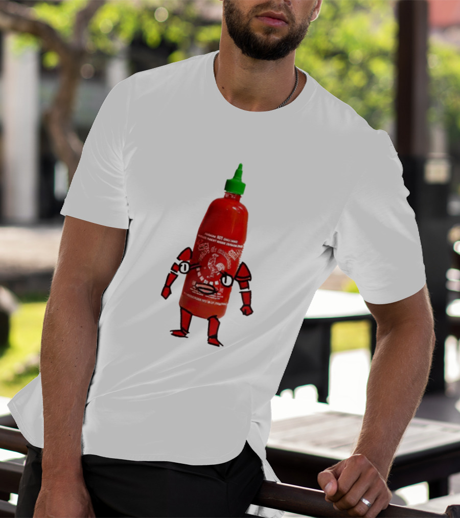 Sriracha Sauce Animated Bottle Character With Green Cap T-Shirt