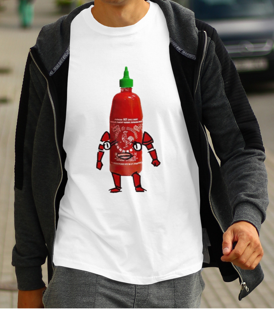 Sriracha Sauce Animated Bottle Character With Green Cap T-Shirt