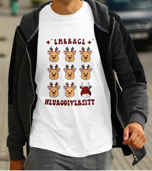 Embrace Neurodiversity Reindeer Faces Red Nose T-Shirt