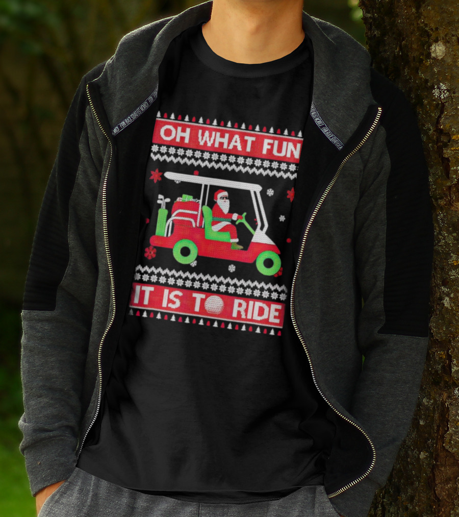 Oh What Fun It Is To Ride Santa Claus Golf Cart Snowflakes T-Shirt