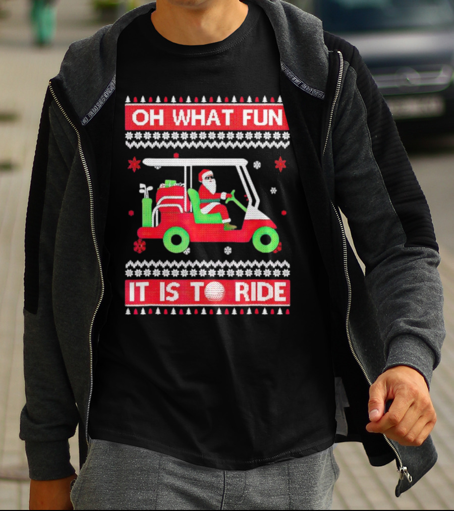 Oh What Fun It Is To Ride Santa Claus Golf Cart Snowflakes T-Shirt