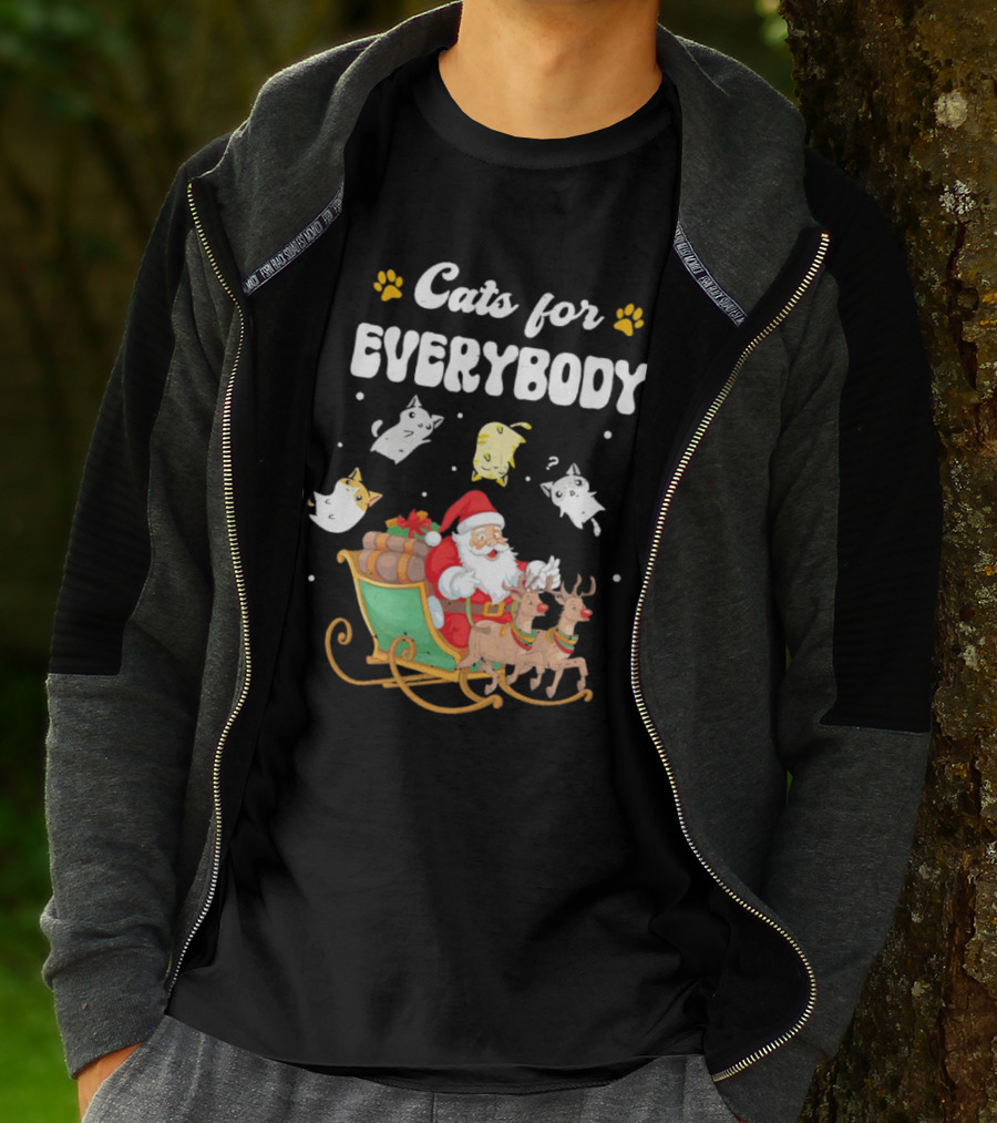 Santa With Flying Cats And Reindeer Sleigh For Everybody Christmas T-Shirt