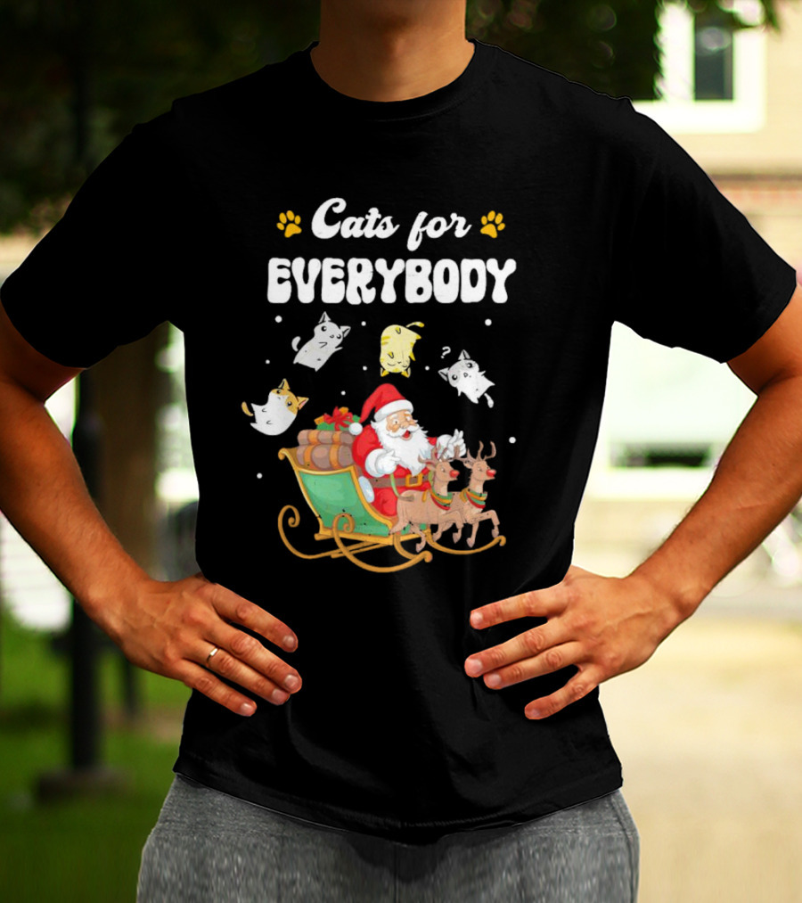 Santa With Flying Cats And Reindeer Sleigh For Everybody Christmas T-Shirt