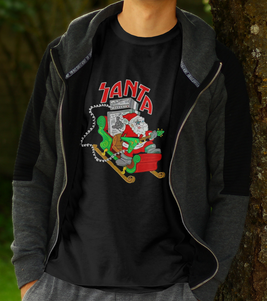 Santa Rocks Sleigh With Guitar And Amps Christmas T-Shirt