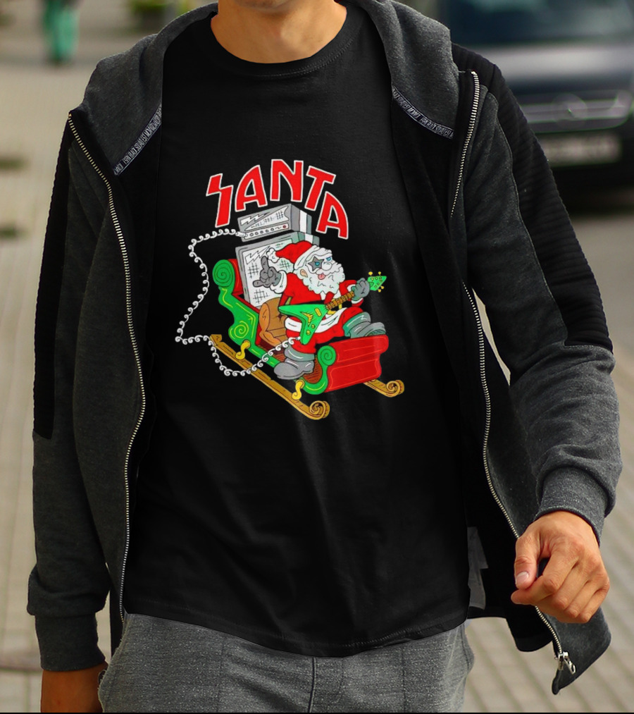 Santa Rocks Sleigh With Guitar And Amps Christmas T-Shirt