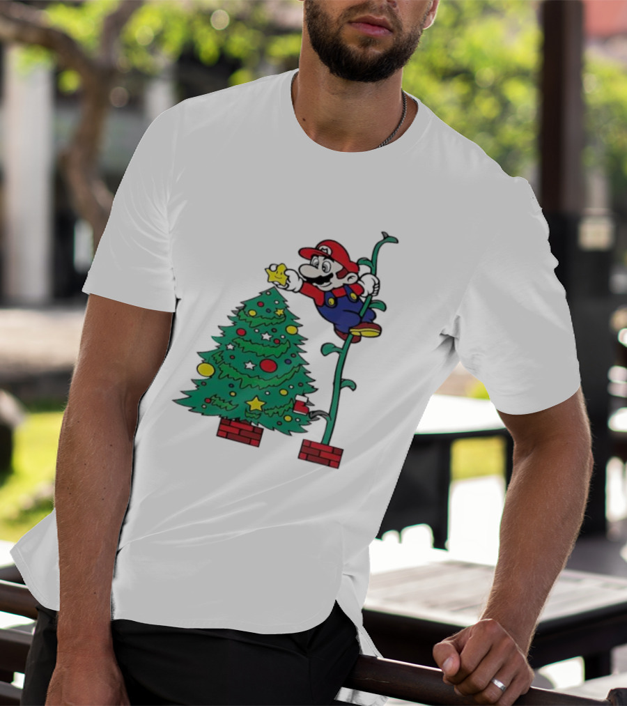 Super Mario Decorating Christmas Tree With Power-Up Star And Brick Blocks T-Shirt