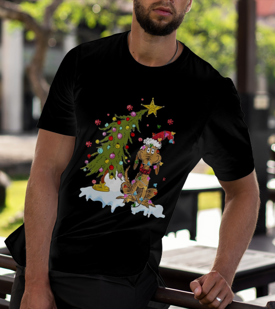 Christmas Max Dog Wrapped In Lights With Grinch Tree Scene T-Shirt