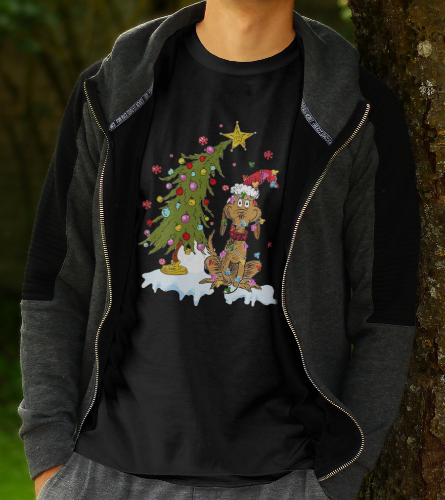 Christmas Max Dog Wrapped In Lights With Grinch Tree Scene T-Shirt