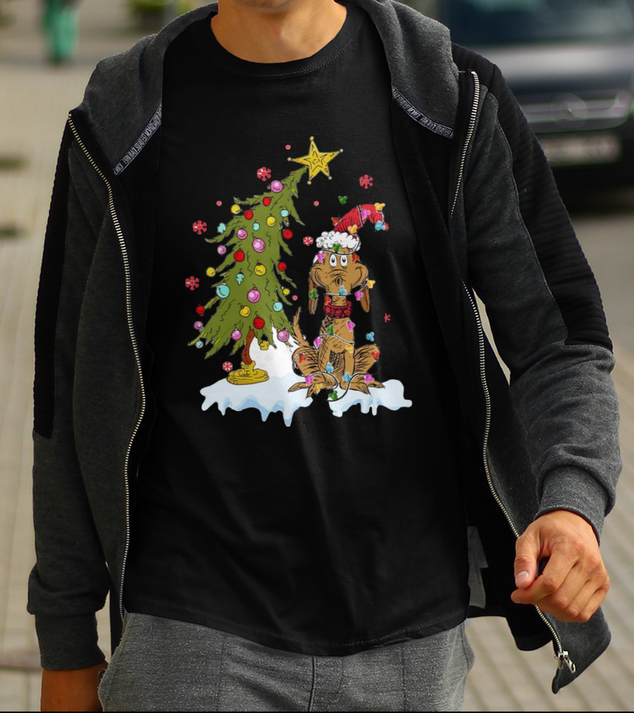 Christmas Max Dog Wrapped In Lights With Grinch Tree Scene T-Shirt