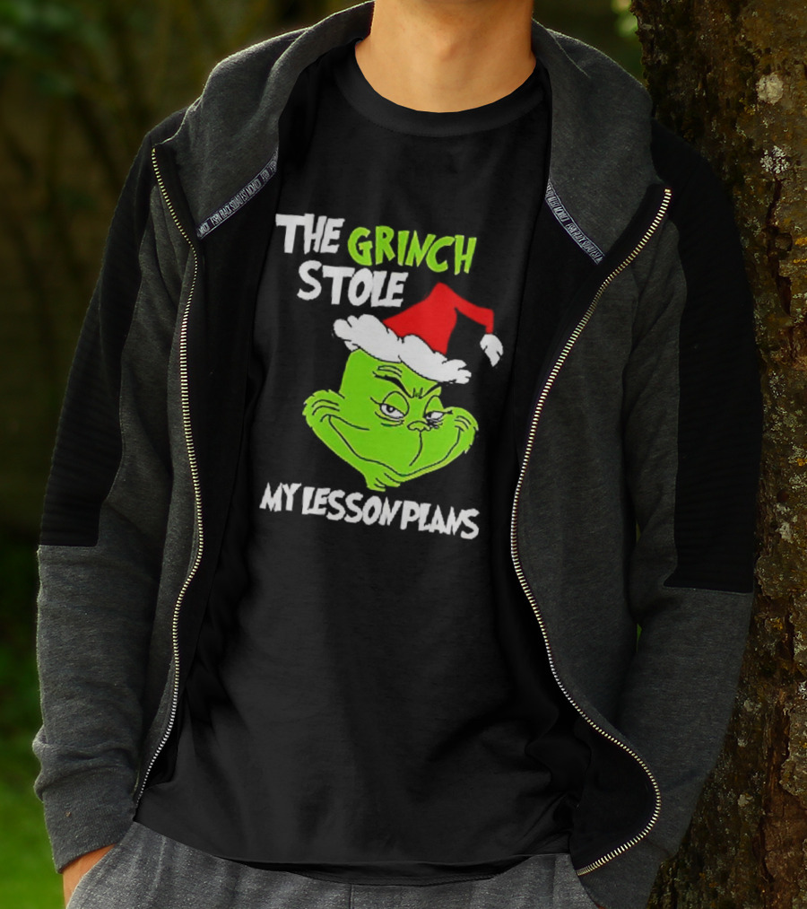 The Grinch Stole My Lesson Plans Christmas Red Hat Green Face T-Shirt