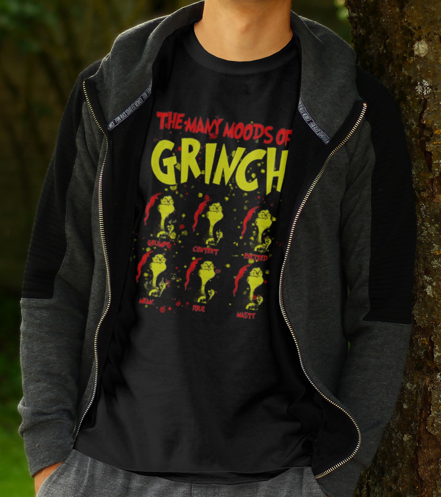 The Many Moods Of Grinch Grumpy Content Excited Mean Sour Nasty Merry Christmas T-Shirt