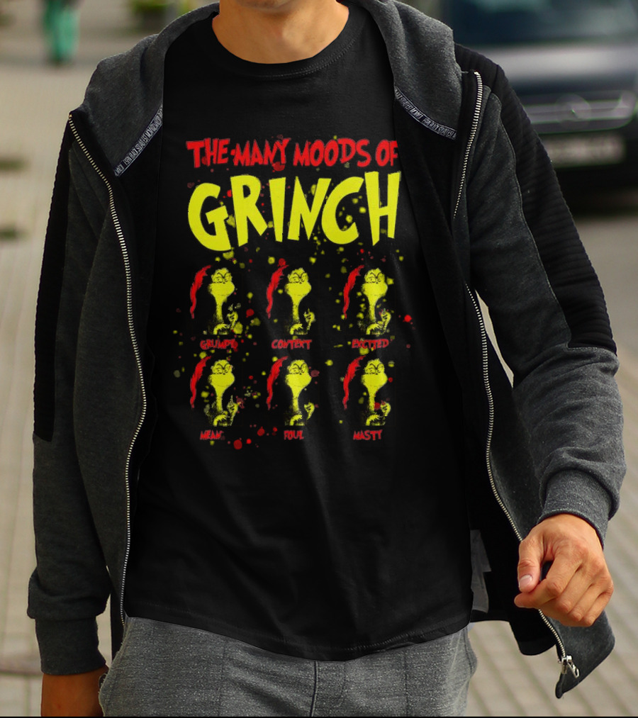 The Many Moods Of Grinch Grumpy Content Excited Mean Sour Nasty Merry Christmas T-Shirt
