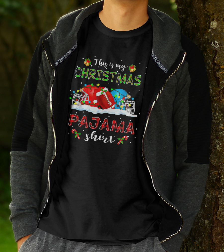 This Is My Christmas Pajama Shirt Football Helmets Candy Canes Snowflakes T-Shirt