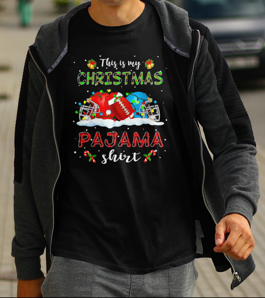 This Is My Christmas Pajama Shirt Football Helmets Candy Canes Snowflakes T-Shirt