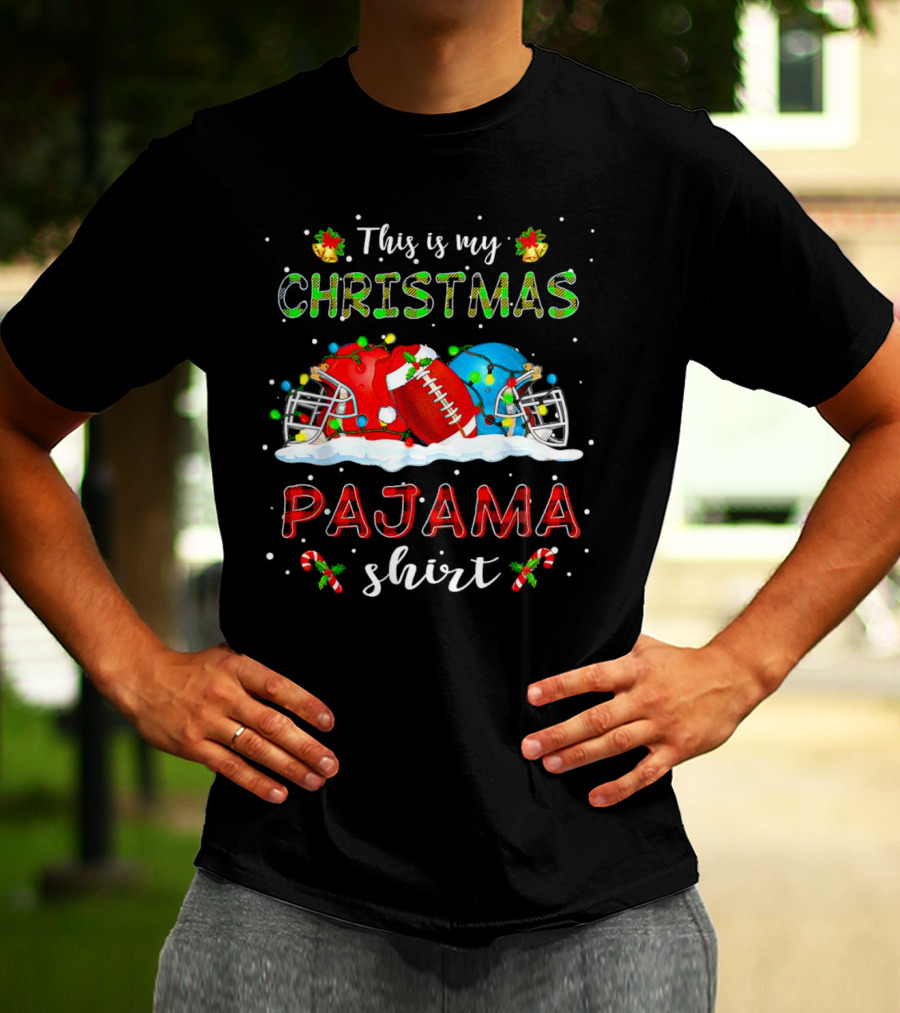 This Is My Christmas Pajama Shirt Football Helmets Candy Canes Snowflakes T-Shirt