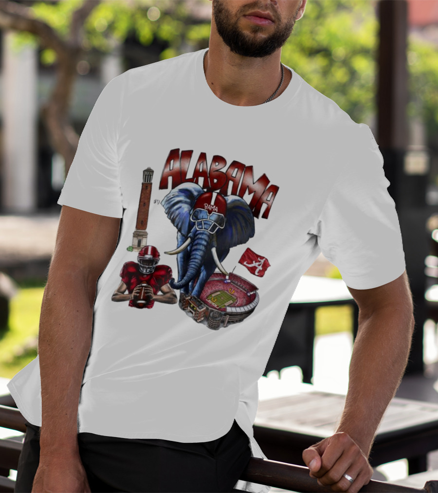Alabama Crimson Tide Football Elephant Stadium Football Player Old Main Tower Bama T-Shirt