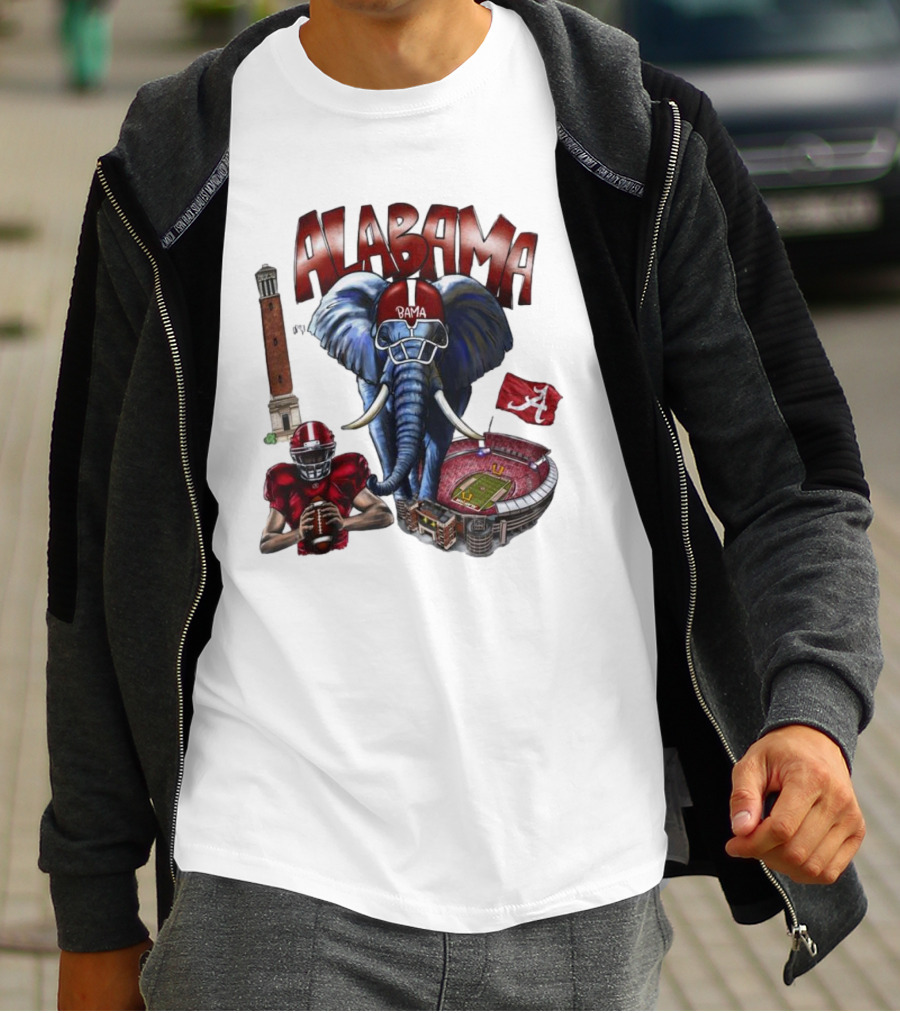 Alabama Crimson Tide Football Elephant Stadium Football Player Old Main Tower Bama T-Shirt