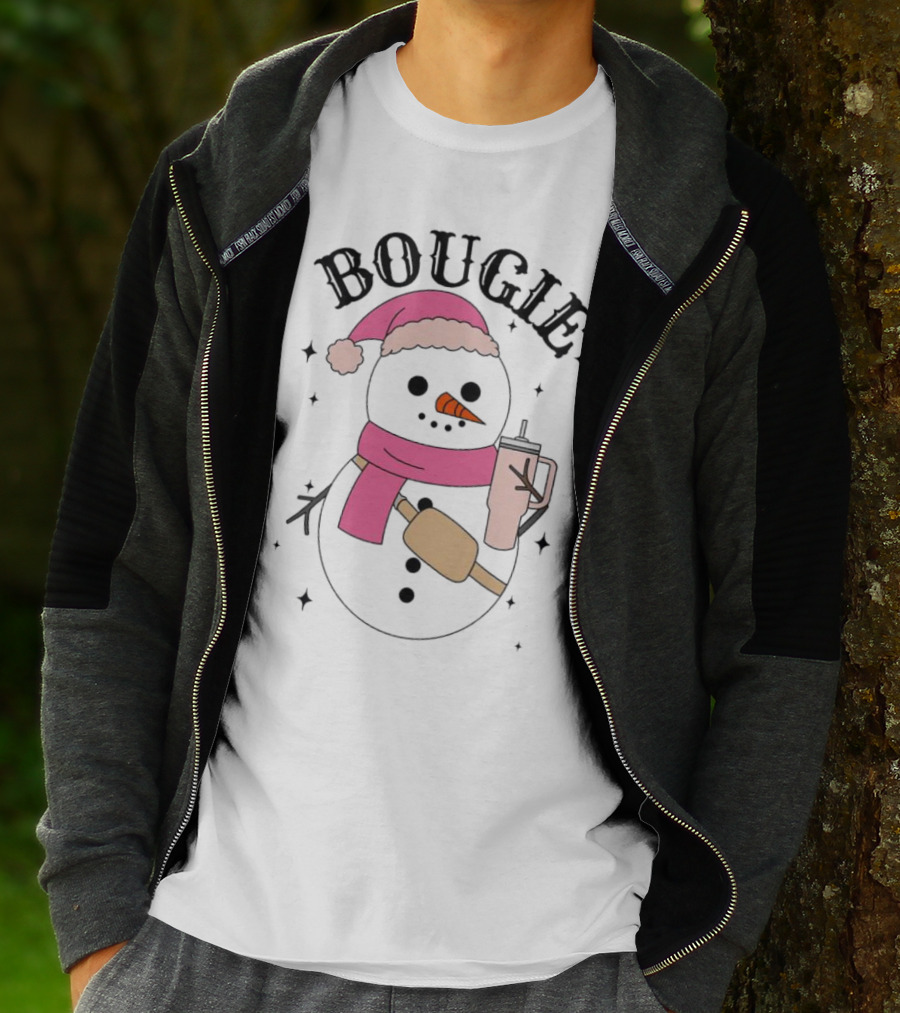 BOUGIE Snowman In Pink Hat And Scarf With Drink Cup T-Shirt