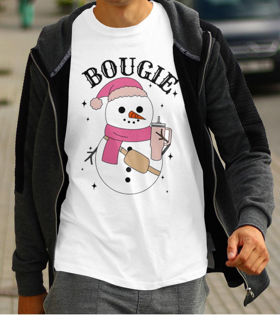 BOUGIE Snowman In Pink Hat And Scarf With Drink Cup T-Shirt