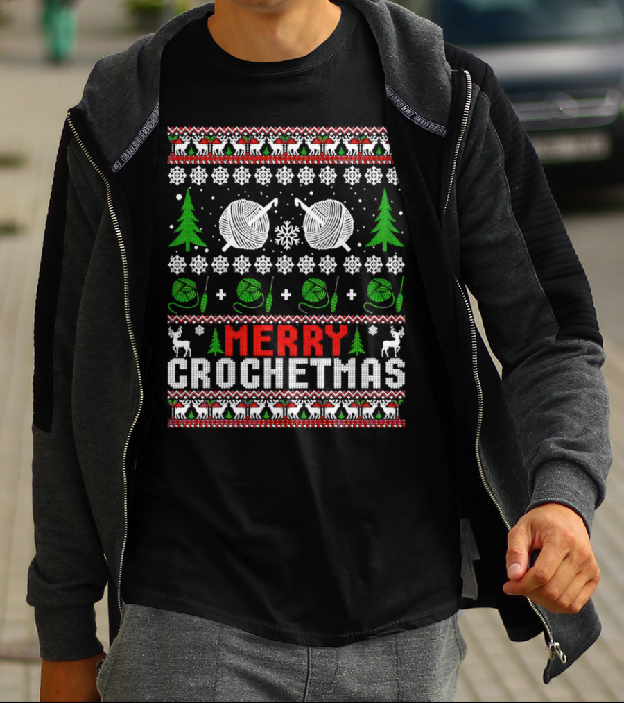 Merry Crochetmas Christmas Yarn Balls Snowflakes Trees Reindeer T-Shirt