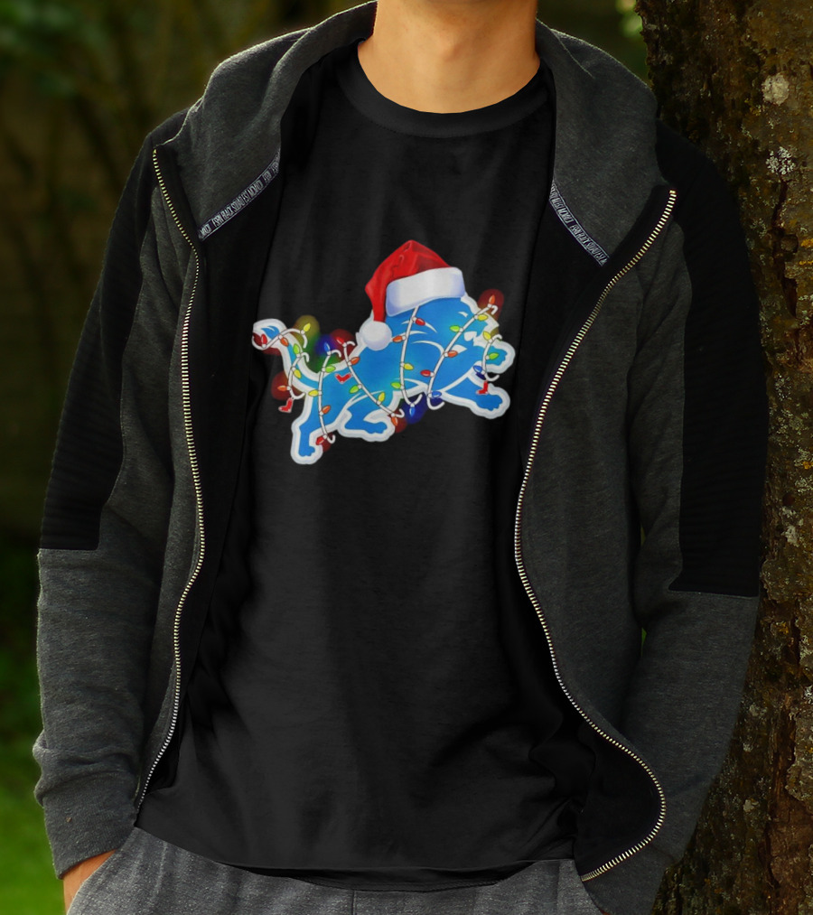 Detroit Lions Christmas Lights Santa Hat Holiday Football T-Shirt