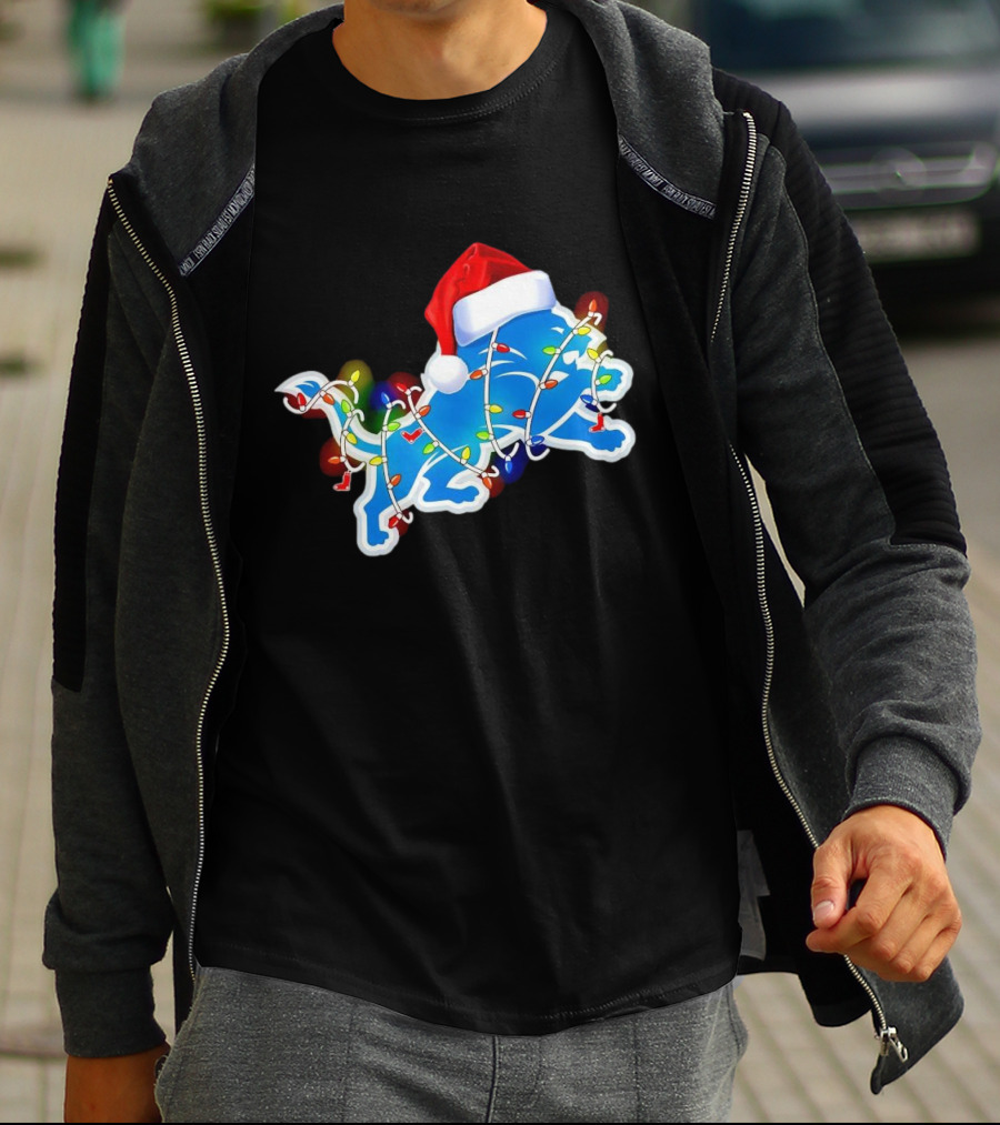 Detroit Lions Christmas Lights Santa Hat Holiday Football T-Shirt