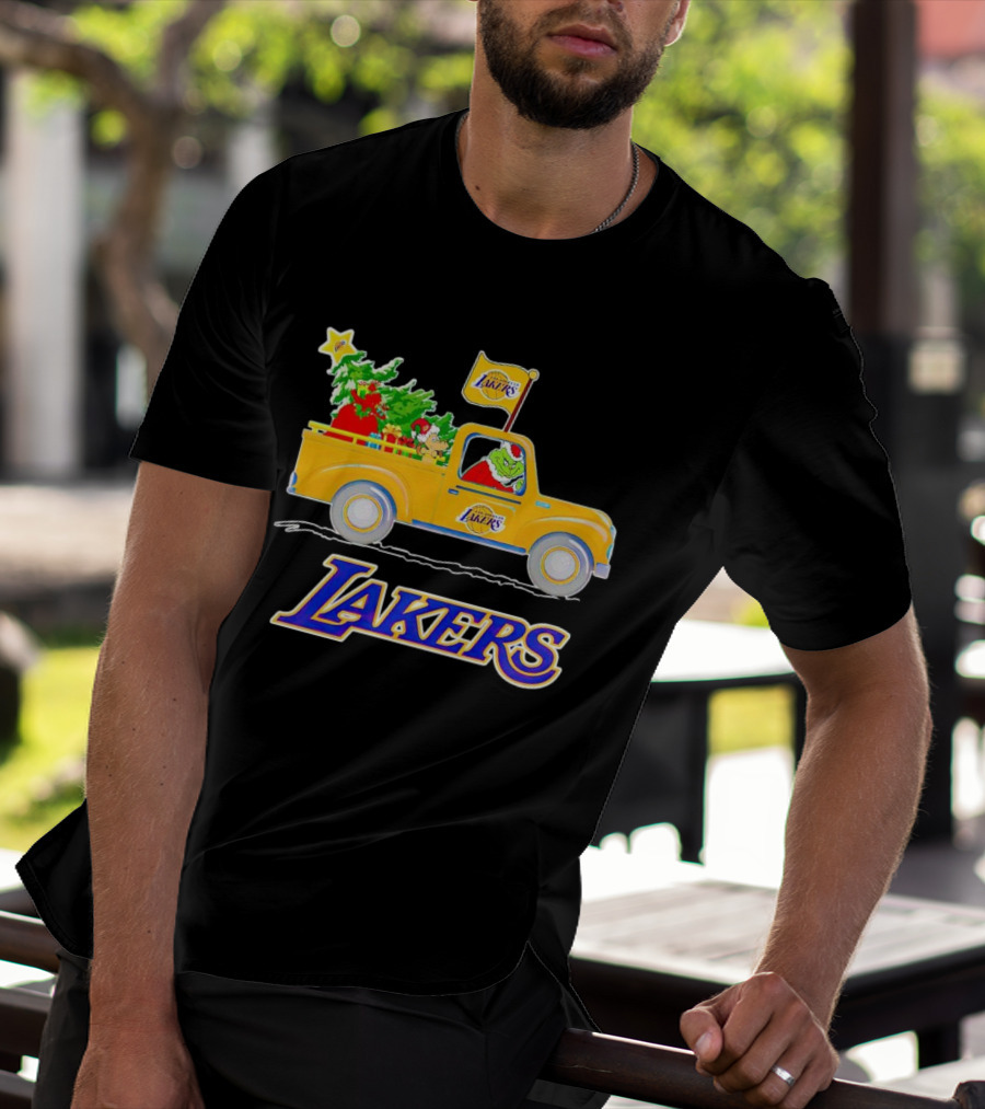 Grinch Driving Los Angeles Lakers Truck With Christmas Tree T-Shirt