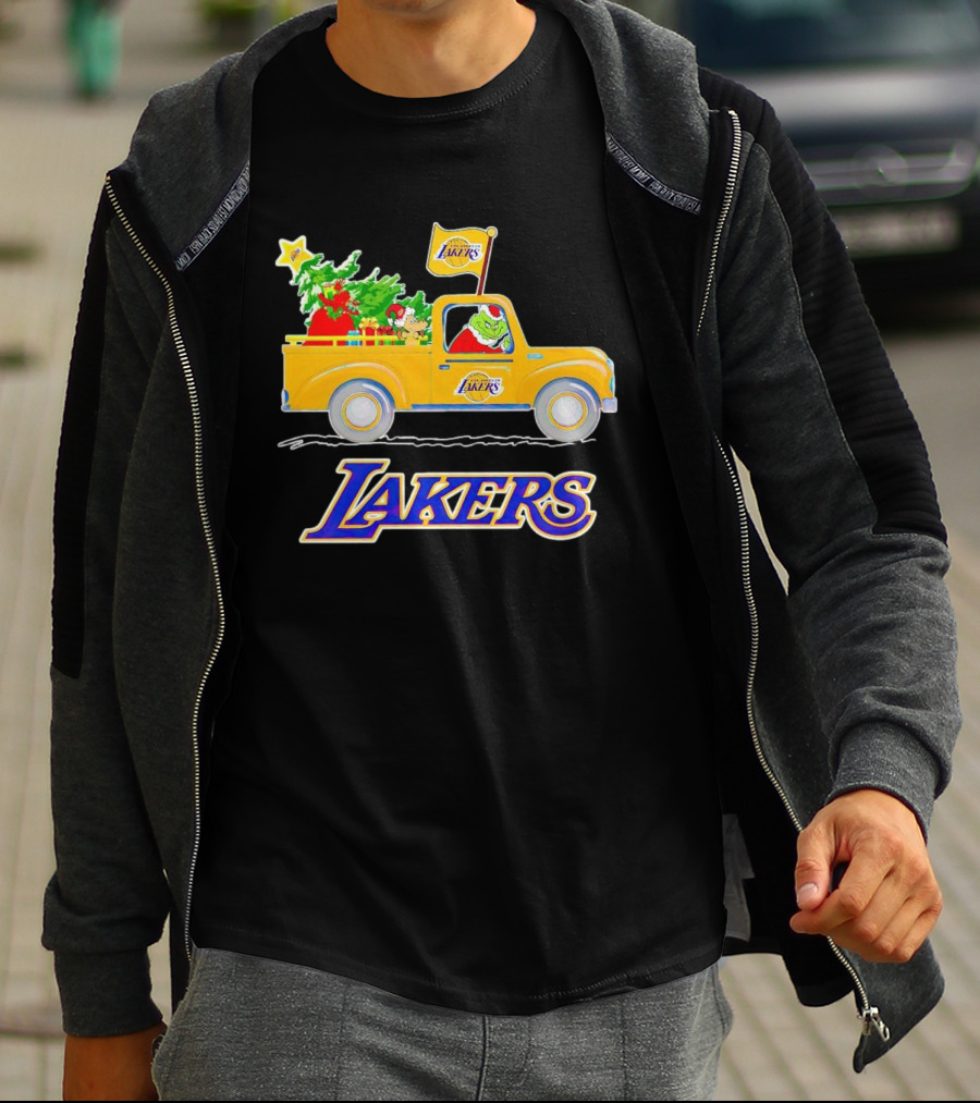 Grinch Driving Los Angeles Lakers Truck With Christmas Tree T-Shirt