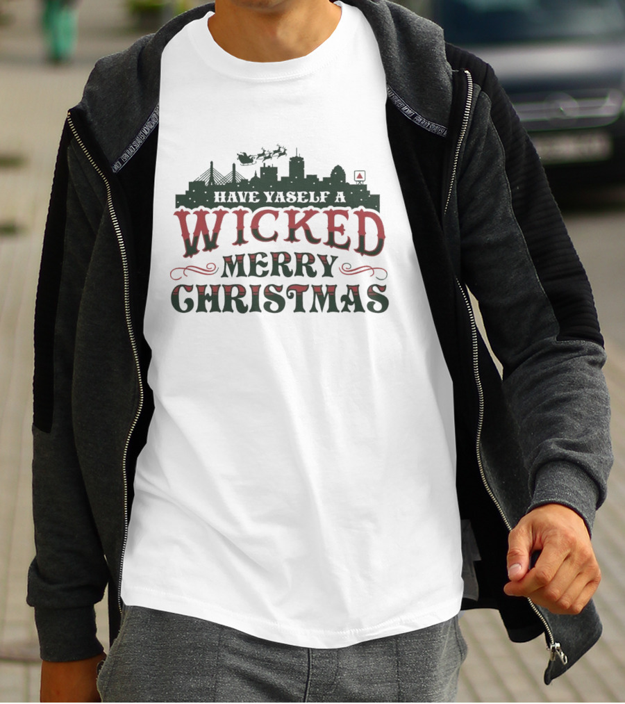 Have Yaself A Wicked Merry Christmas Boston Skyline Santa Sleigh T-Shirt