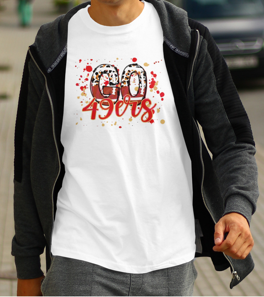 Leopard Print Go 49ers Red And Gold Text With Splatter T-Shirt