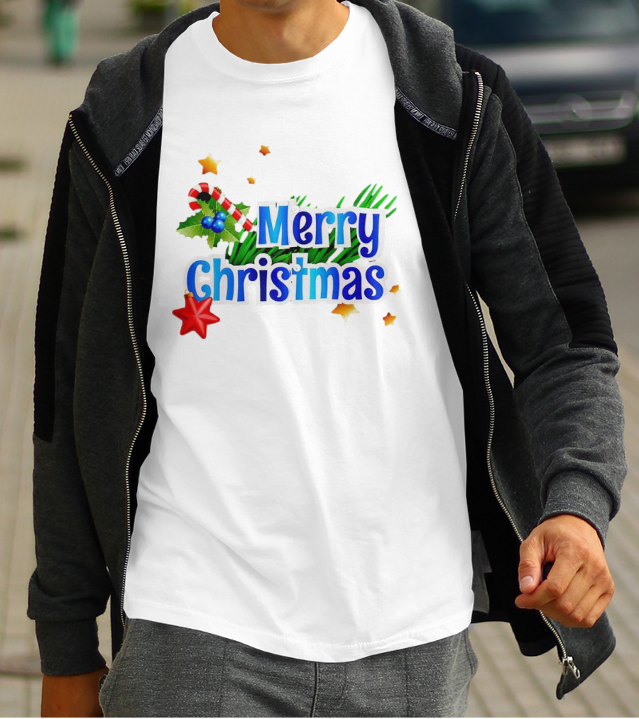 Merry Christmas Candy Cane Holly Pine Red Star T-Shirt