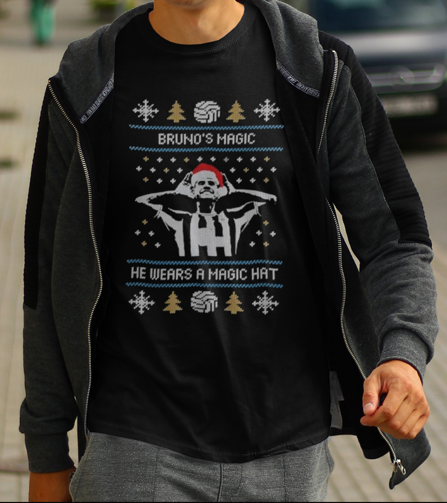 Bruno's Magic He Wears A Magic Hat Soccer Christmas Sweater With Santa Hat T-Shirt