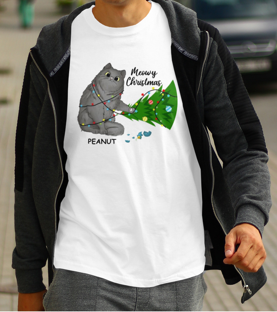 Meowy Christmas Cat Wrapped In Lights With Custom Name Peanut T-Shirt