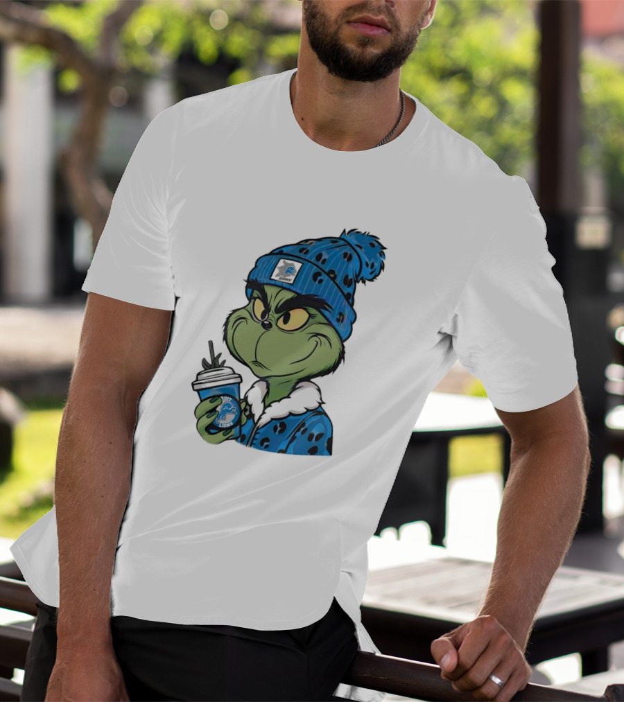 Grinch Wearing Detroit Lions Winter Outfit Holding Drink Christmas T-Shirt